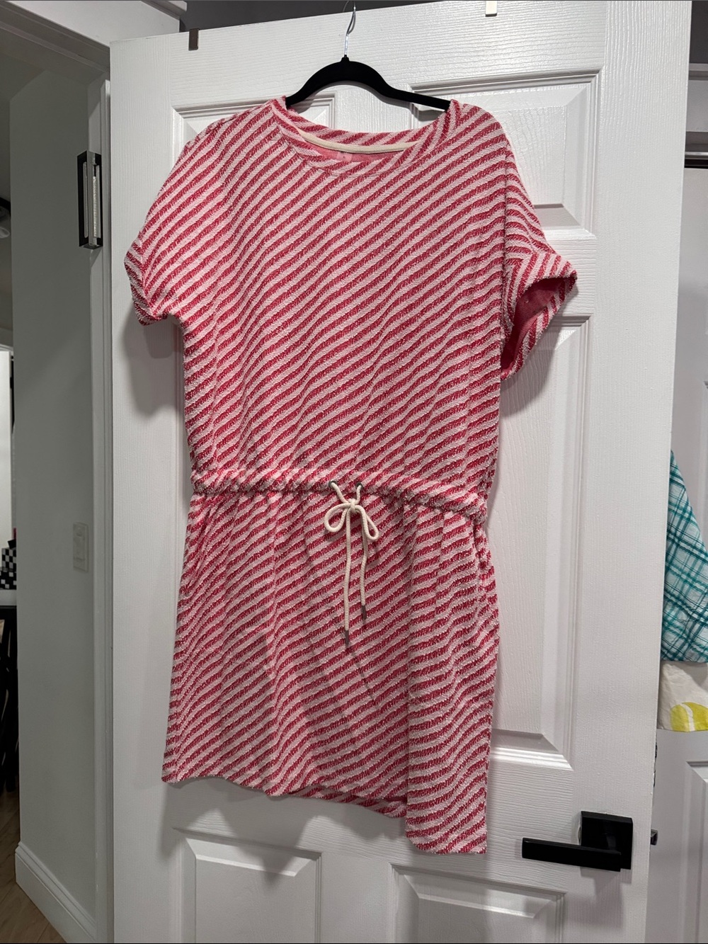 LOFT Pink and White Diagonal Stripe Drawstring Mini Dress